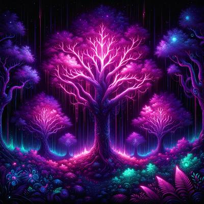 The primary subject of the image is a purple tree with a glowing purple trunk, surrounded by other purple trees. The setting is a forest with a purple sky, creating a unique and vibrant atmosphere. The visual style is a digital art or illustration, with the purple hues and glowing trunks giving the scene a surreal and dreamy quality.